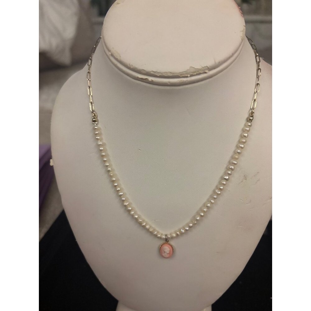 Vintage Freshwater Pearl Necklace Pink Shell Cameo Pendant Youth/Small Communion - Picture 6 of 16